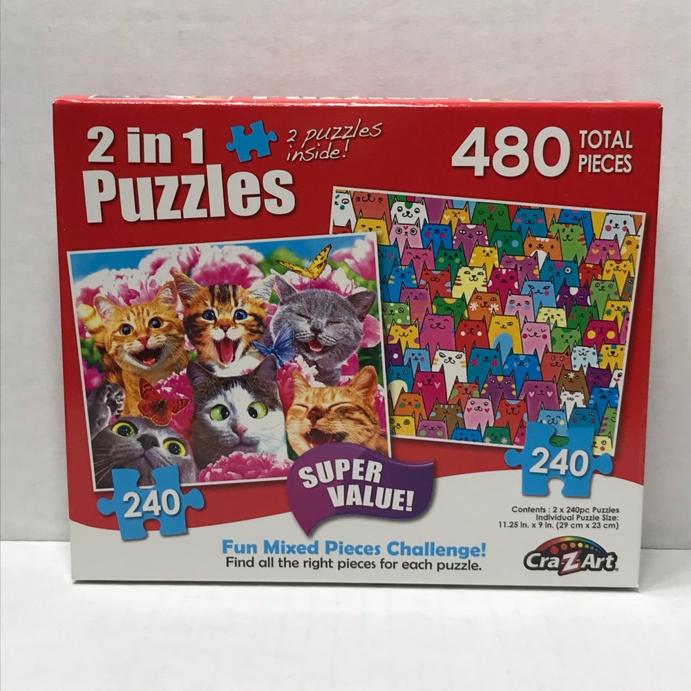 🌸$4🌸 2-in1 puzzles 2 x 240 pc, 11.25” x 9” - LOL kittens, cute colorful cats